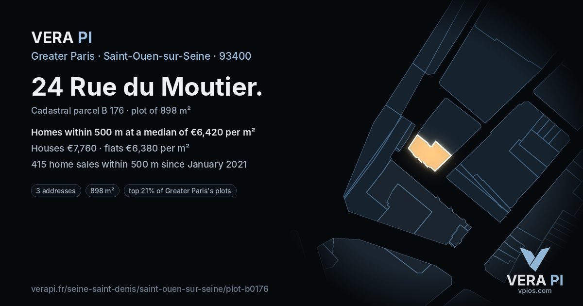 24 Rue du Moutier, Saint-Ouen-sur-Seine at night – the plot lit, the parcels around coloured by the prices near them