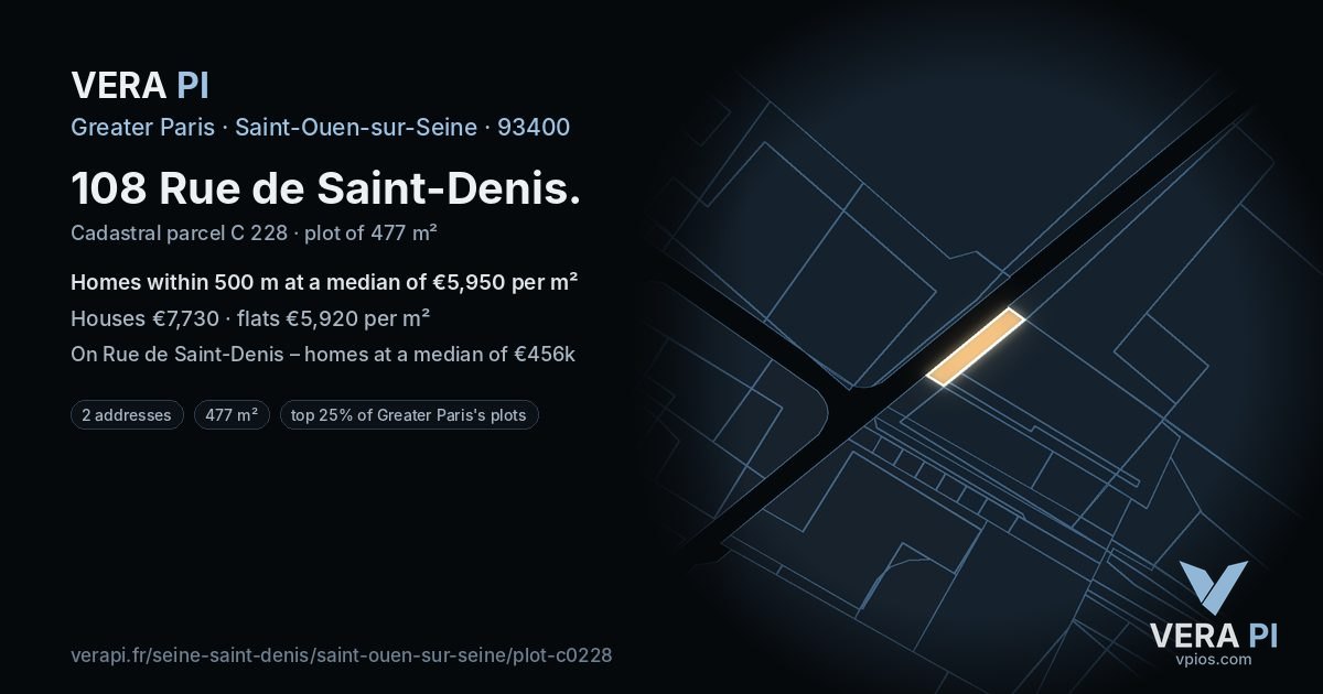 108 Rue de Saint-Denis, Saint-Ouen-sur-Seine at night – the plot lit, the parcels around coloured by the prices near them