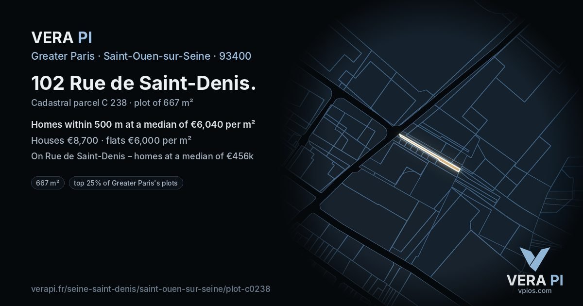 102 Rue de Saint-Denis, Saint-Ouen-sur-Seine at night – the plot lit, the parcels around coloured by the prices near them