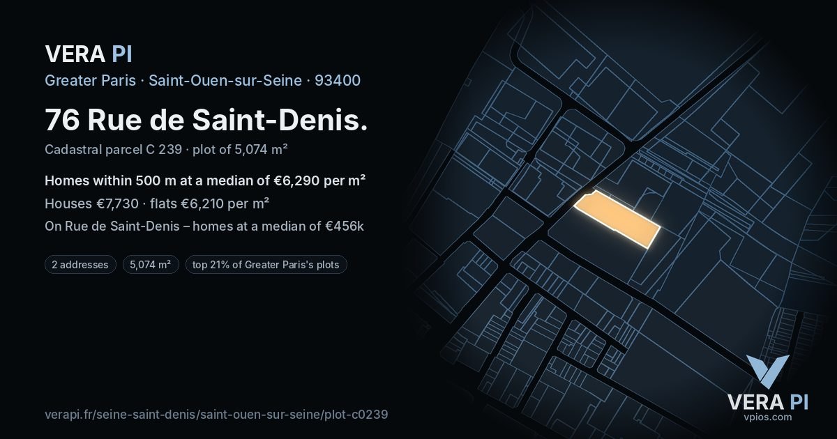76 Rue de Saint-Denis, Saint-Ouen-sur-Seine at night – the plot lit, the parcels around coloured by the prices near them