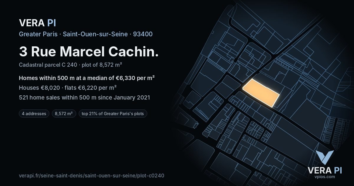 3 Rue Marcel Cachin, Saint-Ouen-sur-Seine at night – the plot lit, the parcels around coloured by the prices near them