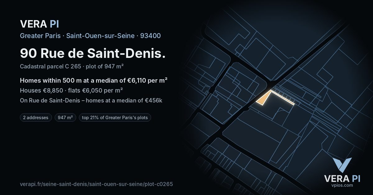 90 Rue de Saint-Denis, Saint-Ouen-sur-Seine at night – the plot lit, the parcels around coloured by the prices near them