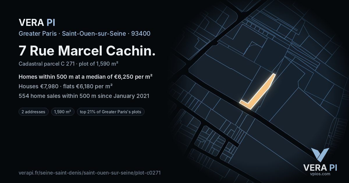 7 Rue Marcel Cachin, Saint-Ouen-sur-Seine at night – the plot lit, the parcels around coloured by the prices near them