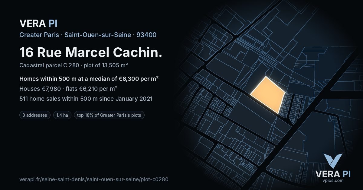 16 Rue Marcel Cachin, Saint-Ouen-sur-Seine at night – the plot lit, the parcels around coloured by the prices near them