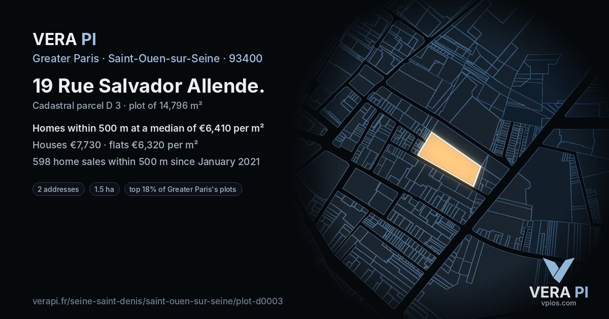 19 Rue Salvador Allende, Saint-Ouen-sur-Seine at night – the plot lit, the parcels around coloured by the prices near them