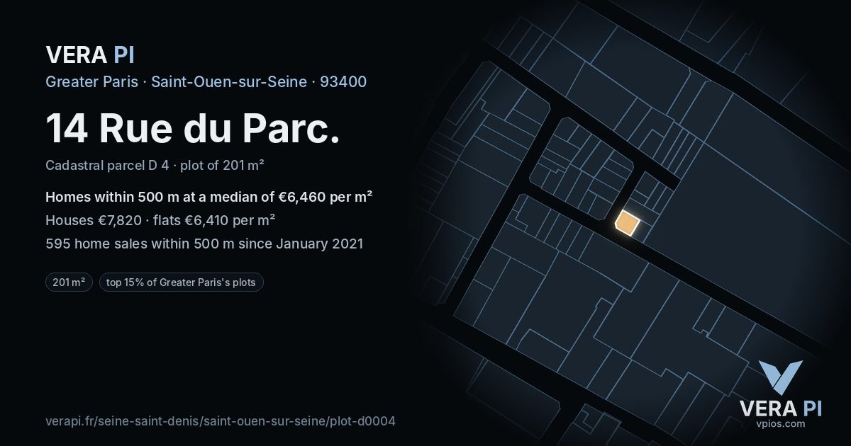 14 Rue du Parc, Saint-Ouen-sur-Seine at night – the plot lit, the parcels around coloured by the prices near them