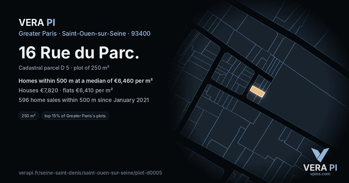 16 Rue du Parc, Saint-Ouen-sur-Seine at night – the plot lit, the parcels around coloured by the prices near them