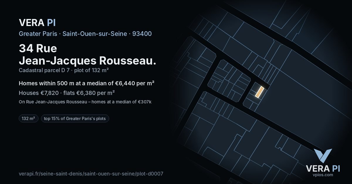 34 Rue Jean-Jacques Rousseau, Saint-Ouen-sur-Seine at night – the plot lit, the parcels around coloured by the prices near them