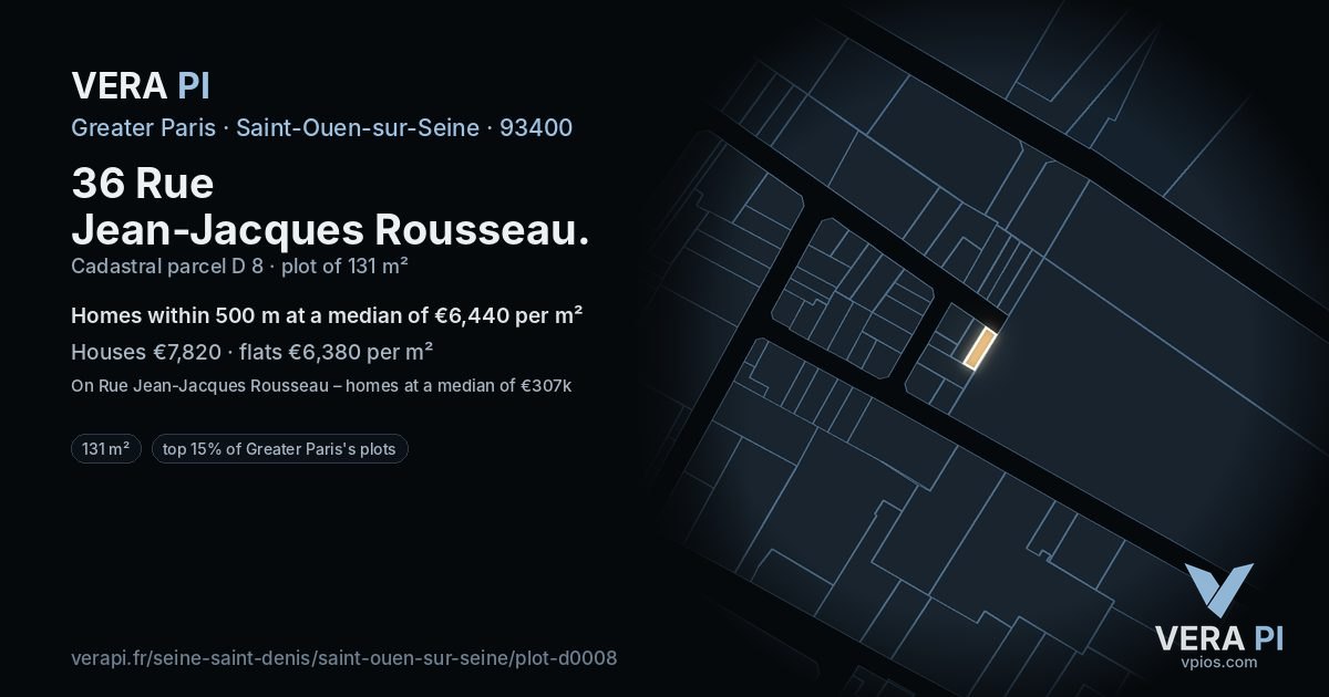 36 Rue Jean-Jacques Rousseau, Saint-Ouen-sur-Seine at night – the plot lit, the parcels around coloured by the prices near them
