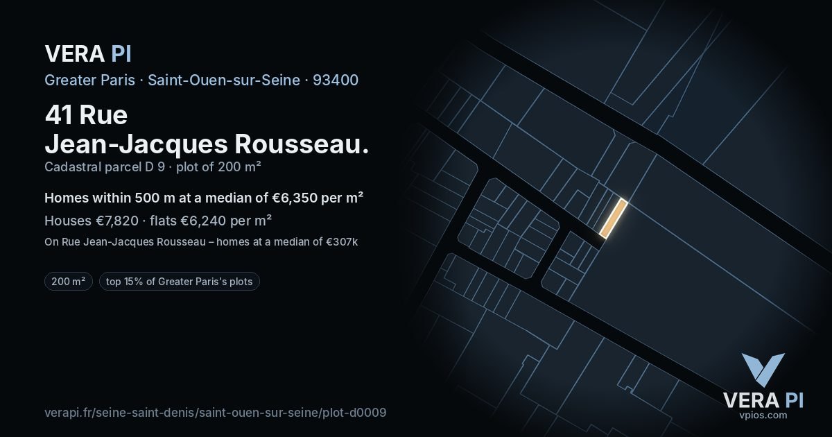 41 Rue Jean-Jacques Rousseau, Saint-Ouen-sur-Seine at night – the plot lit, the parcels around coloured by the prices near them