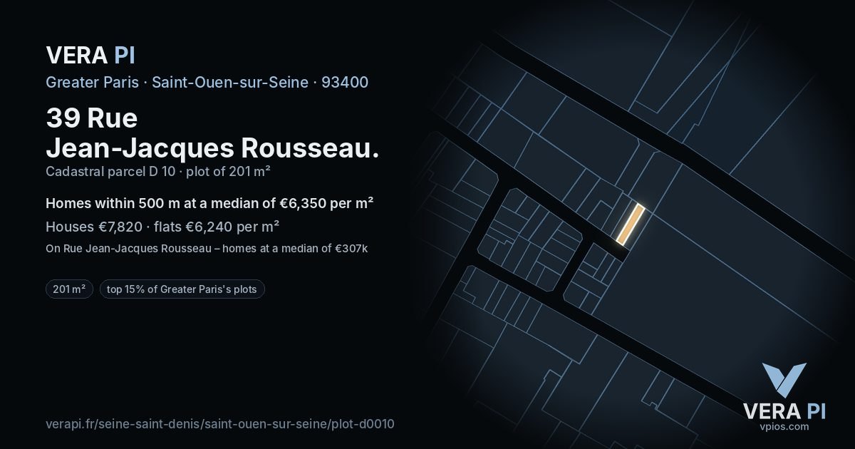 39 Rue Jean-Jacques Rousseau, Saint-Ouen-sur-Seine at night – the plot lit, the parcels around coloured by the prices near them