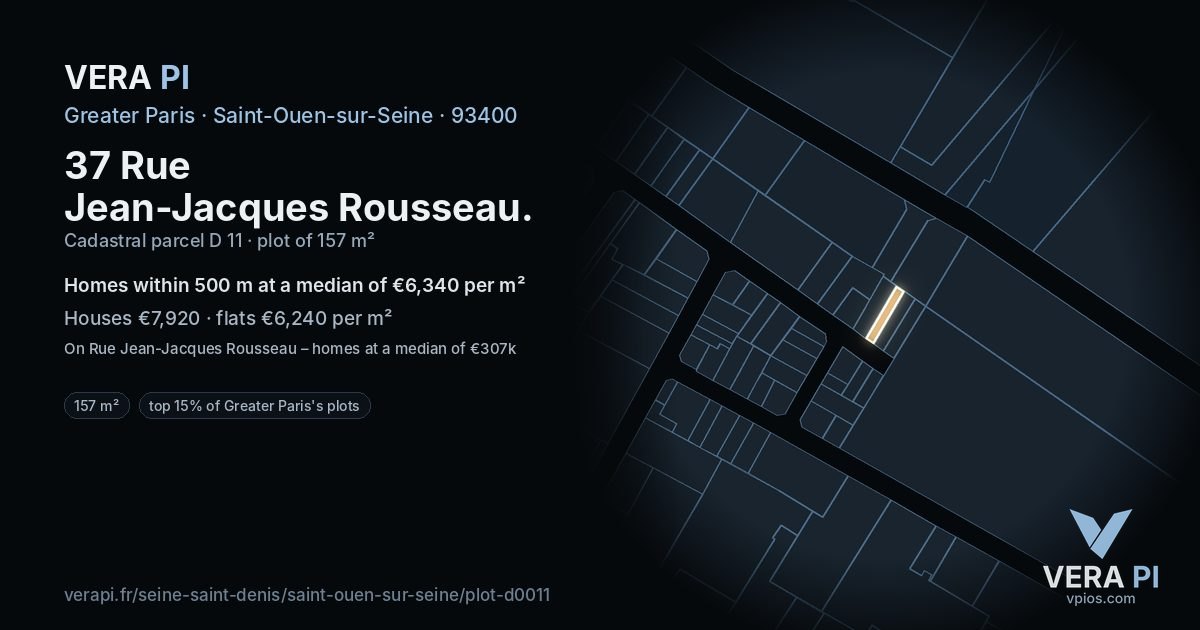 37 Rue Jean-Jacques Rousseau, Saint-Ouen-sur-Seine at night – the plot lit, the parcels around coloured by the prices near them