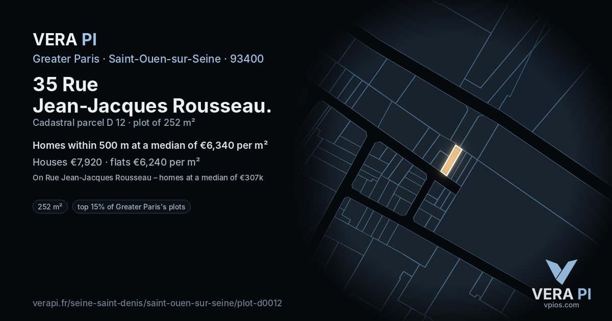 35 Rue Jean-Jacques Rousseau, Saint-Ouen-sur-Seine at night – the plot lit, the parcels around coloured by the prices near them
