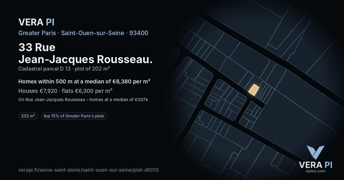 33 Rue Jean-Jacques Rousseau, Saint-Ouen-sur-Seine at night – the plot lit, the parcels around coloured by the prices near them