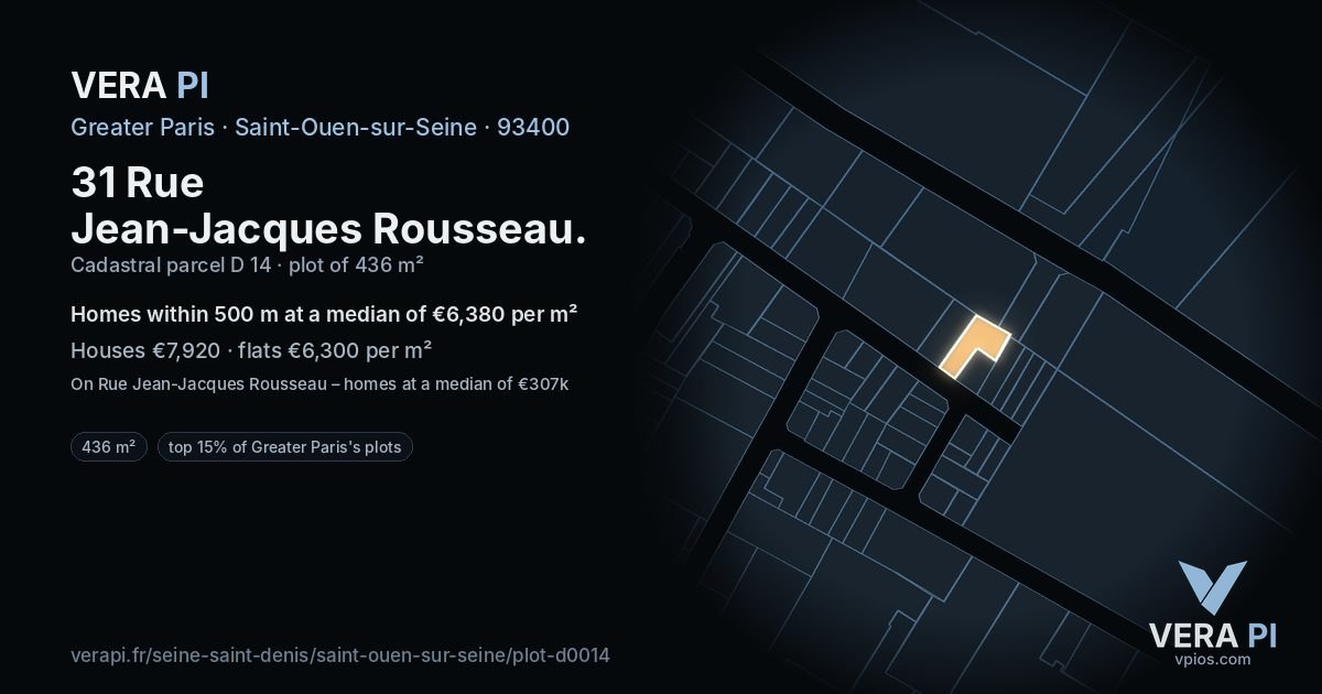 31 Rue Jean-Jacques Rousseau, Saint-Ouen-sur-Seine at night – the plot lit, the parcels around coloured by the prices near them