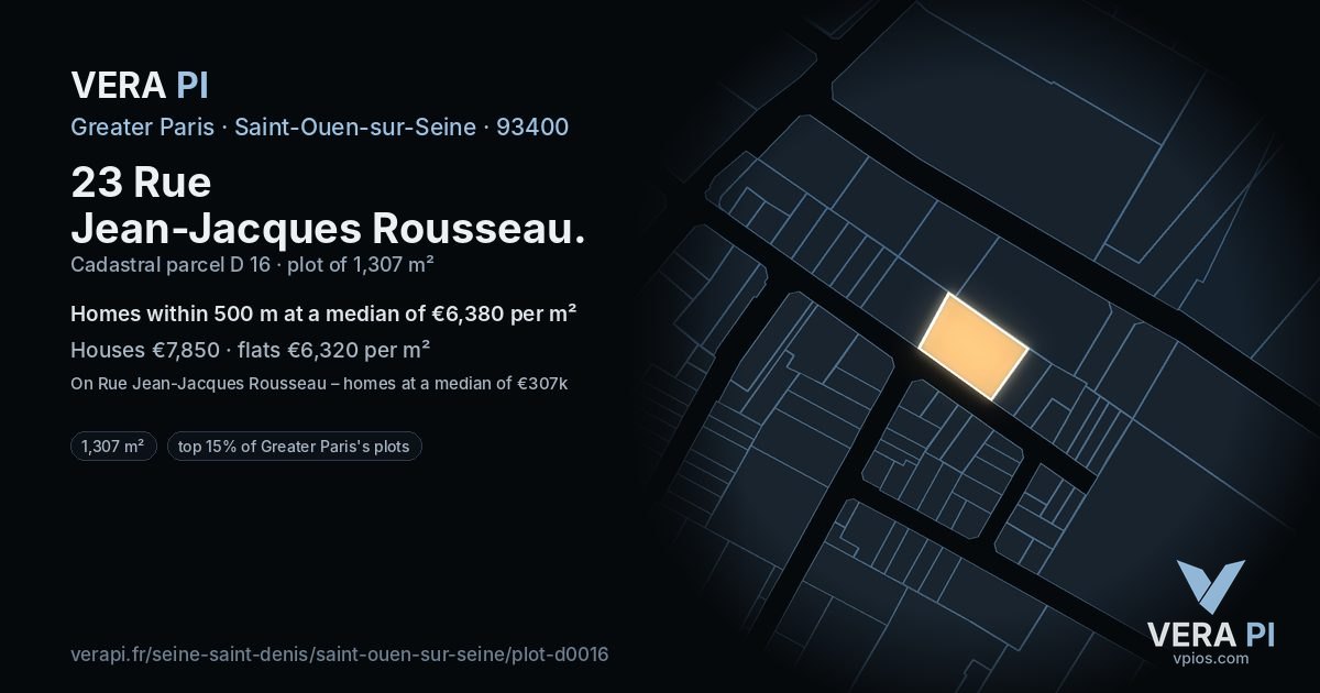 23 Rue Jean-Jacques Rousseau, Saint-Ouen-sur-Seine at night – the plot lit, the parcels around coloured by the prices near them