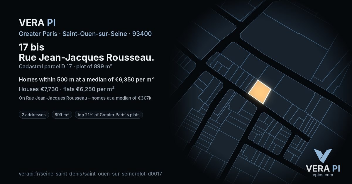 17 bis Rue Jean-Jacques Rousseau, Saint-Ouen-sur-Seine at night – the plot lit, the parcels around coloured by the prices near them