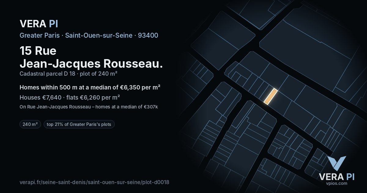 15 Rue Jean-Jacques Rousseau, Saint-Ouen-sur-Seine at night – the plot lit, the parcels around coloured by the prices near them
