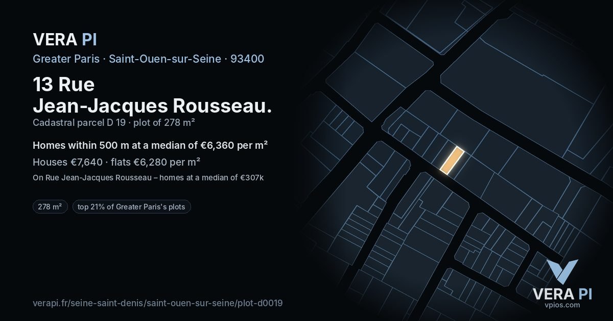 13 Rue Jean-Jacques Rousseau, Saint-Ouen-sur-Seine at night – the plot lit, the parcels around coloured by the prices near them