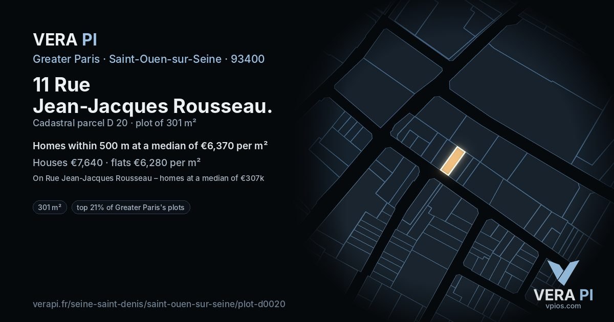 11 Rue Jean-Jacques Rousseau, Saint-Ouen-sur-Seine at night – the plot lit, the parcels around coloured by the prices near them