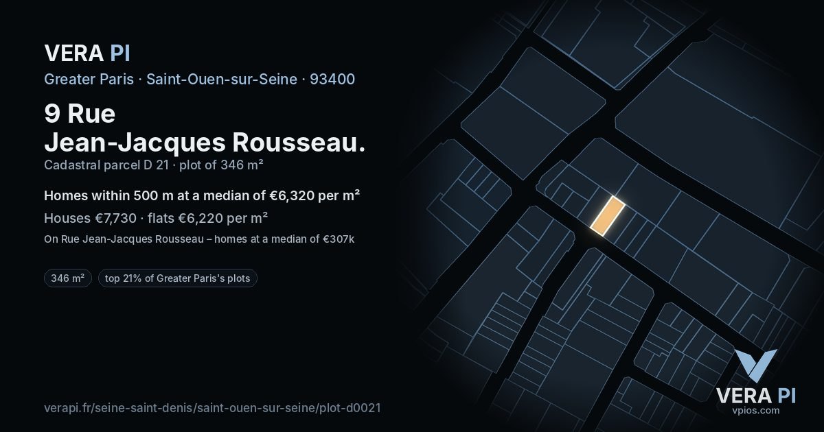9 Rue Jean-Jacques Rousseau, Saint-Ouen-sur-Seine at night – the plot lit, the parcels around coloured by the prices near them