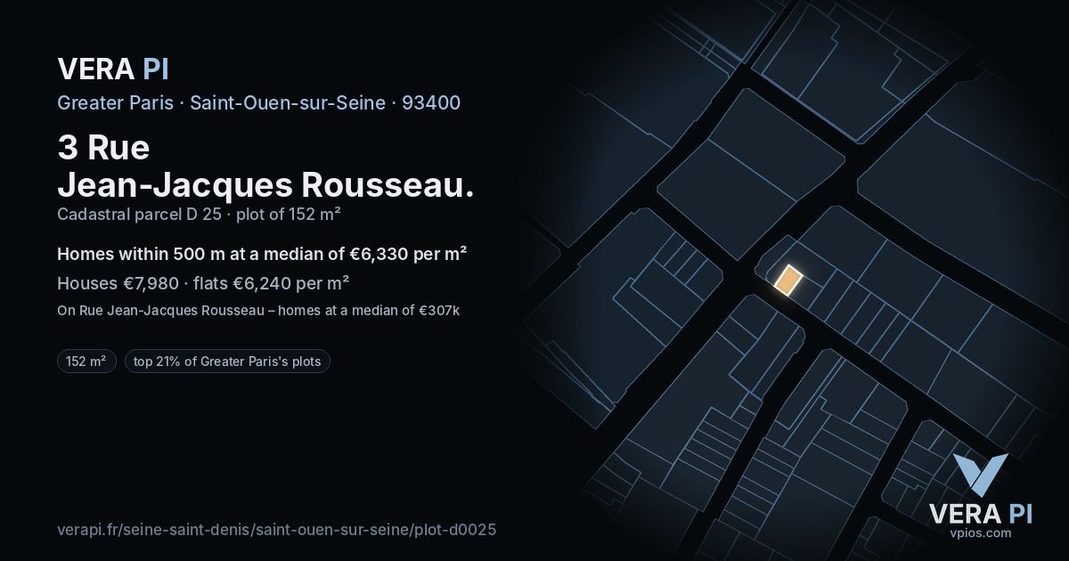 3 Rue Jean-Jacques Rousseau, Saint-Ouen-sur-Seine at night – the plot lit, the parcels around coloured by the prices near them