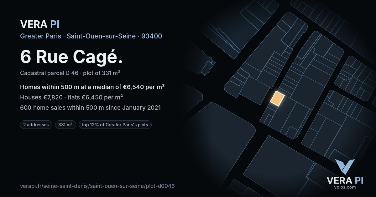 6 Rue Cagé, Saint-Ouen-sur-Seine at night – the plot lit, the parcels around coloured by the prices near them