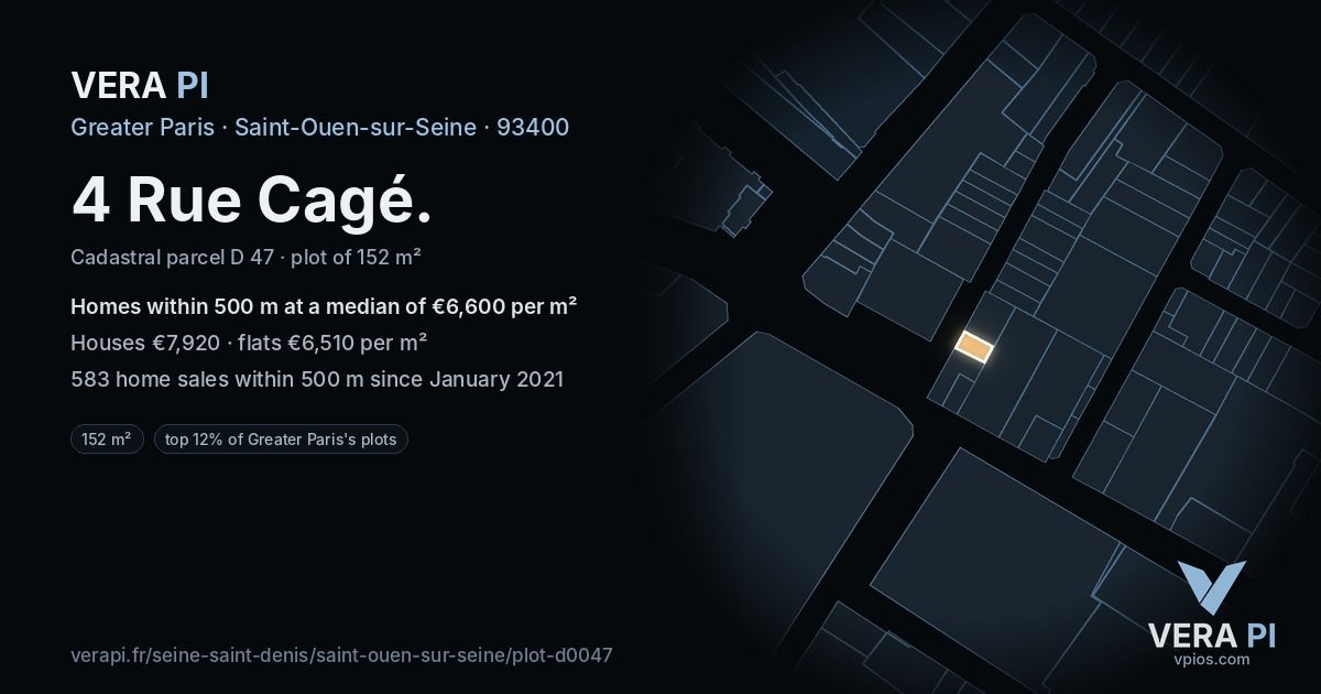 4 Rue Cagé, Saint-Ouen-sur-Seine at night – the plot lit, the parcels around coloured by the prices near them
