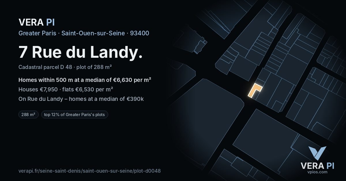 7 Rue du Landy, Saint-Ouen-sur-Seine at night – the plot lit, the parcels around coloured by the prices near them