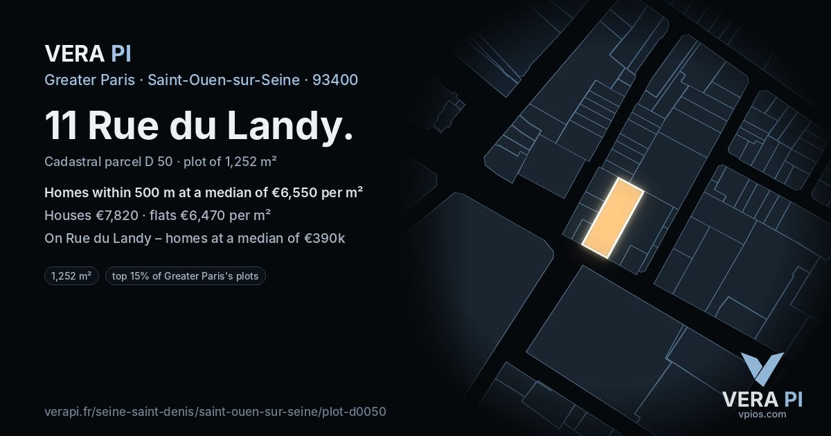 11 Rue du Landy, Saint-Ouen-sur-Seine at night – the plot lit, the parcels around coloured by the prices near them