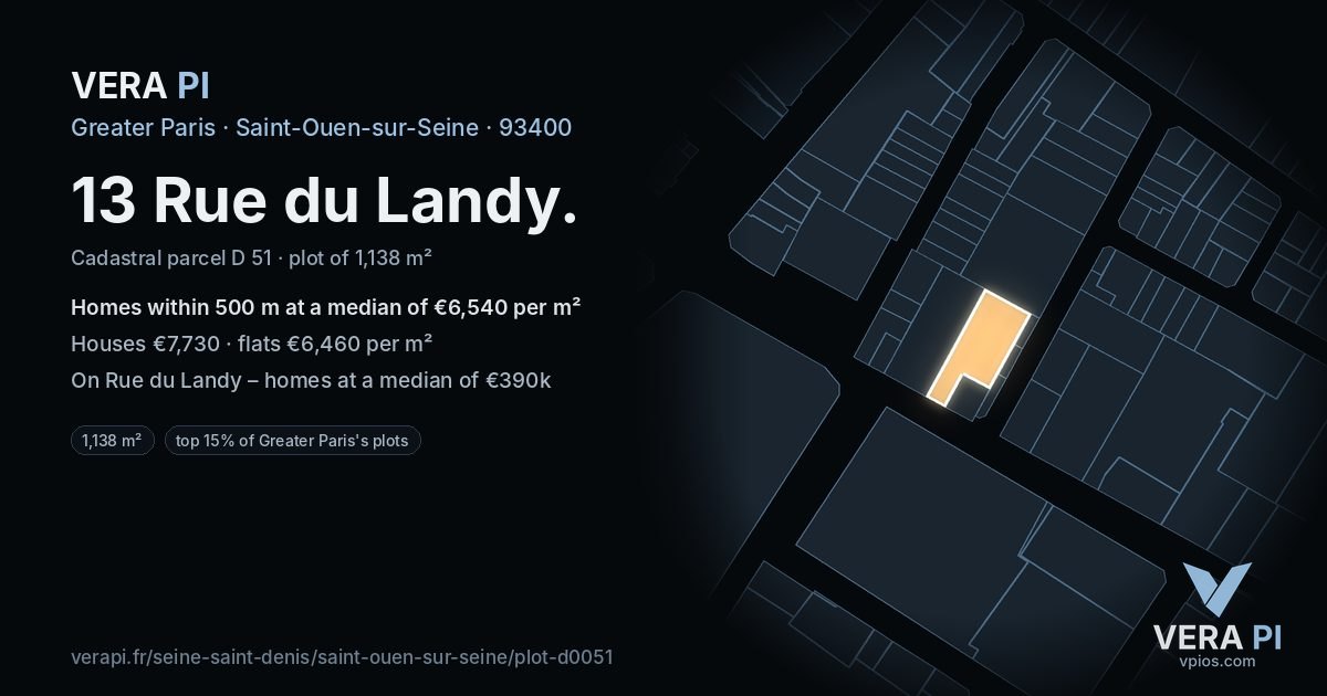 13 Rue du Landy, Saint-Ouen-sur-Seine at night – the plot lit, the parcels around coloured by the prices near them