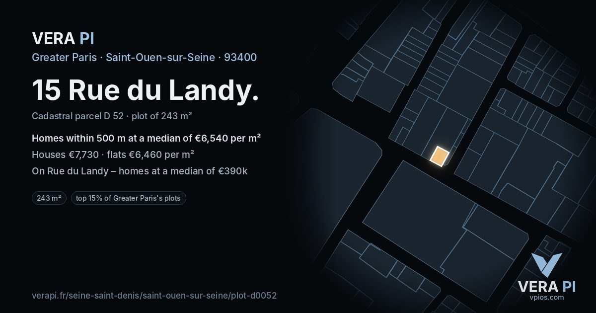 15 Rue du Landy, Saint-Ouen-sur-Seine at night – the plot lit, the parcels around coloured by the prices near them