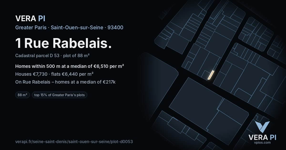 1 Rue Rabelais, Saint-Ouen-sur-Seine at night – the plot lit, the parcels around coloured by the prices near them