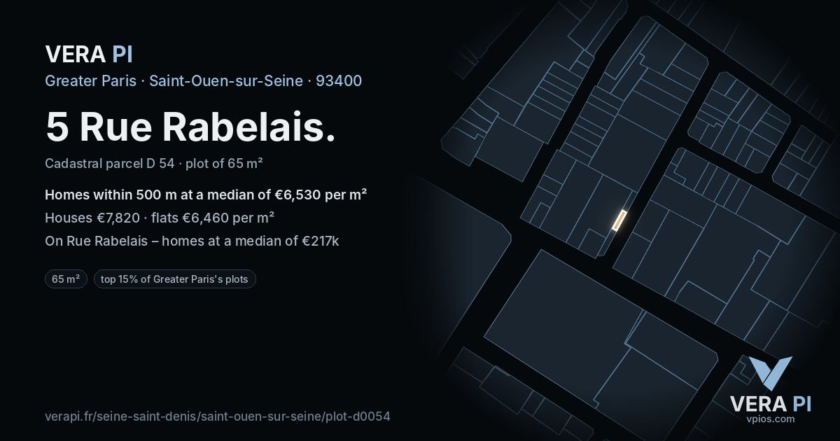 5 Rue Rabelais, Saint-Ouen-sur-Seine at night – the plot lit, the parcels around coloured by the prices near them