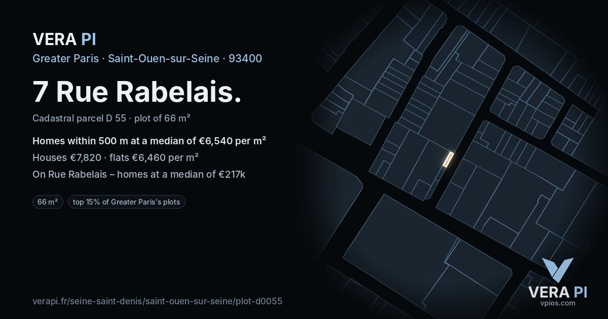 7 Rue Rabelais, Saint-Ouen-sur-Seine at night – the plot lit, the parcels around coloured by the prices near them