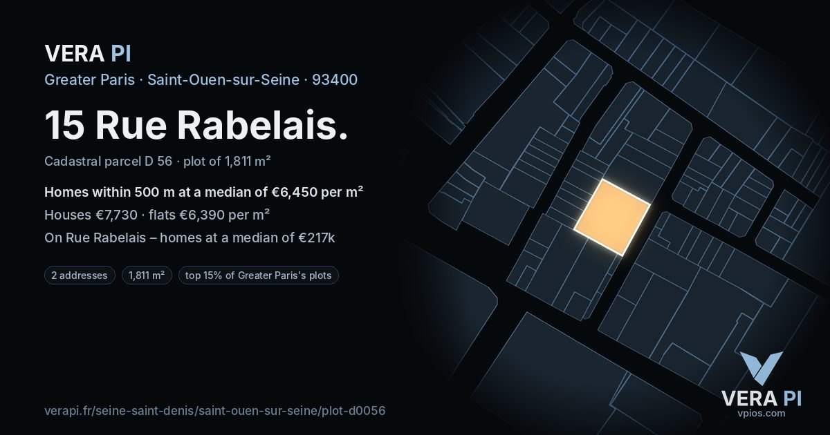 15 Rue Rabelais, Saint-Ouen-sur-Seine at night – the plot lit, the parcels around coloured by the prices near them
