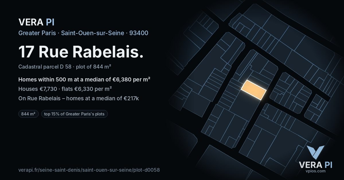 17 Rue Rabelais, Saint-Ouen-sur-Seine at night – the plot lit, the parcels around coloured by the prices near them