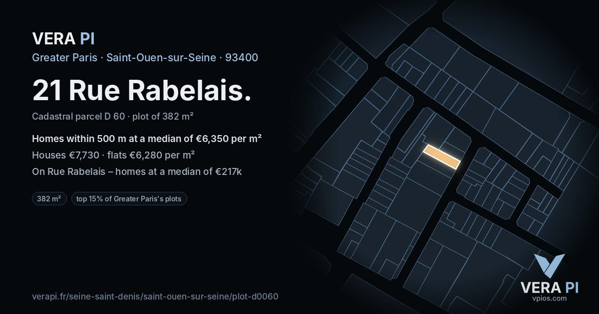 21 Rue Rabelais, Saint-Ouen-sur-Seine at night – the plot lit, the parcels around coloured by the prices near them
