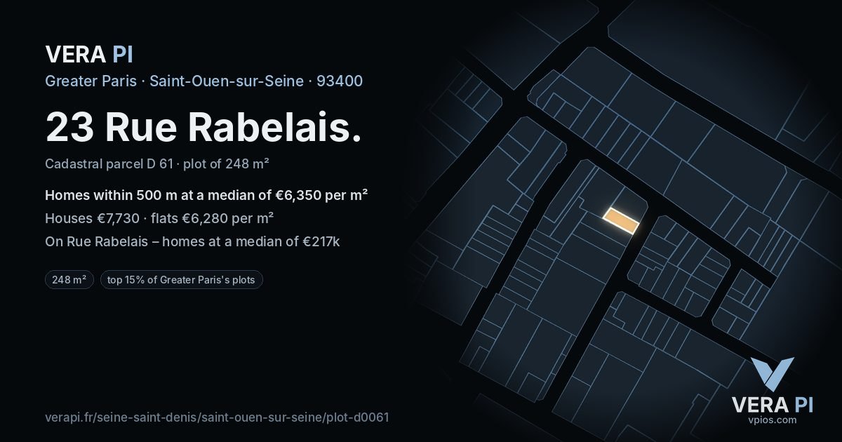 23 Rue Rabelais, Saint-Ouen-sur-Seine at night – the plot lit, the parcels around coloured by the prices near them