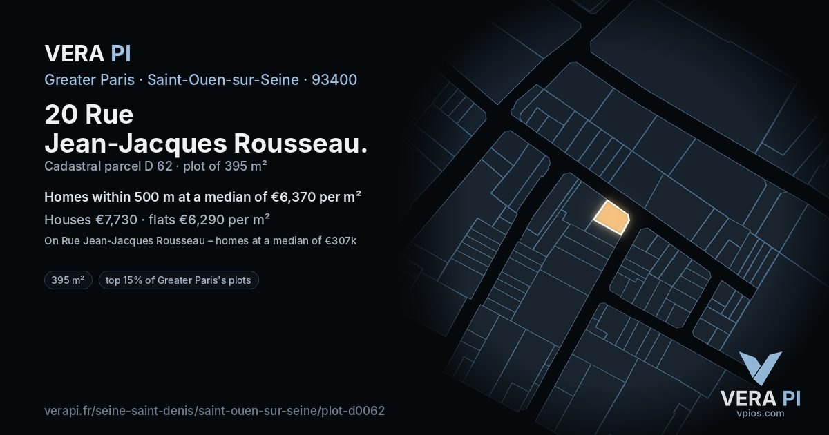 20 Rue Jean-Jacques Rousseau, Saint-Ouen-sur-Seine at night – the plot lit, the parcels around coloured by the prices near them