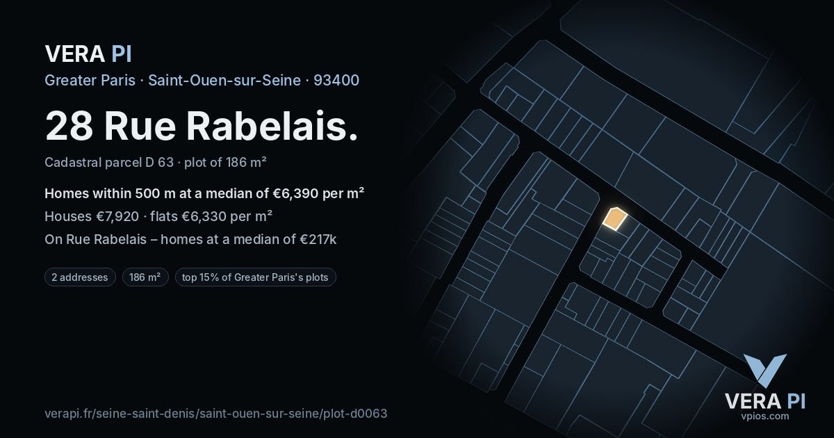 28 Rue Rabelais, Saint-Ouen-sur-Seine at night – the plot lit, the parcels around coloured by the prices near them