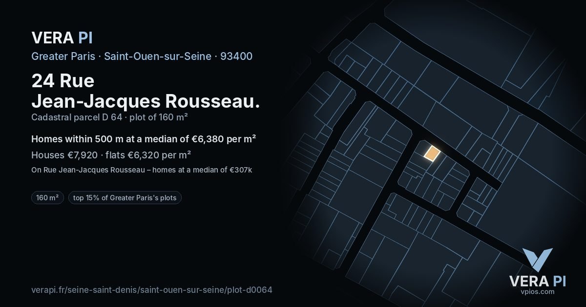 24 Rue Jean-Jacques Rousseau, Saint-Ouen-sur-Seine at night – the plot lit, the parcels around coloured by the prices near them