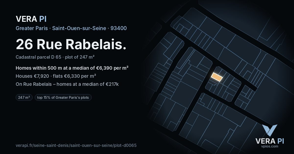26 Rue Rabelais, Saint-Ouen-sur-Seine at night – the plot lit, the parcels around coloured by the prices near them