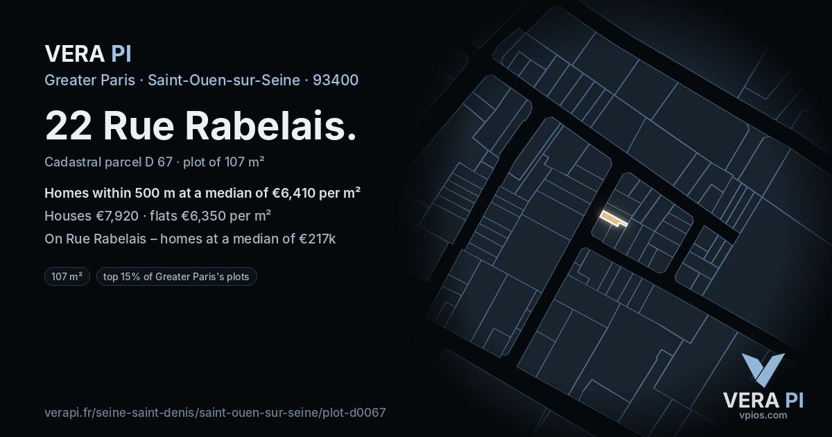 22 Rue Rabelais, Saint-Ouen-sur-Seine at night – the plot lit, the parcels around coloured by the prices near them