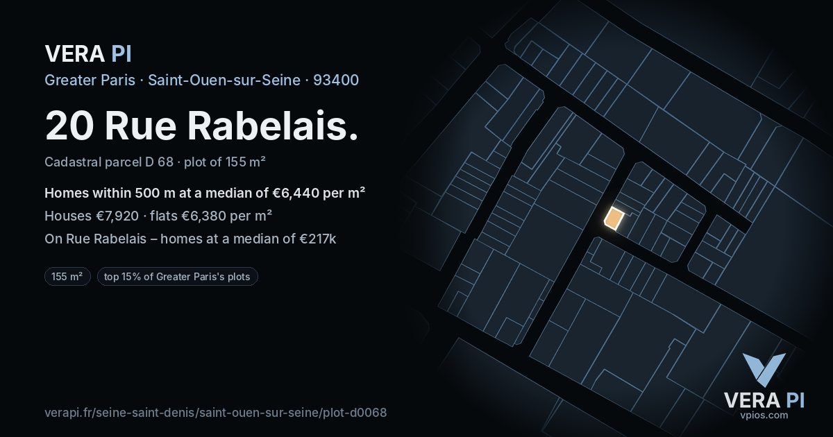 20 Rue Rabelais, Saint-Ouen-sur-Seine at night – the plot lit, the parcels around coloured by the prices near them