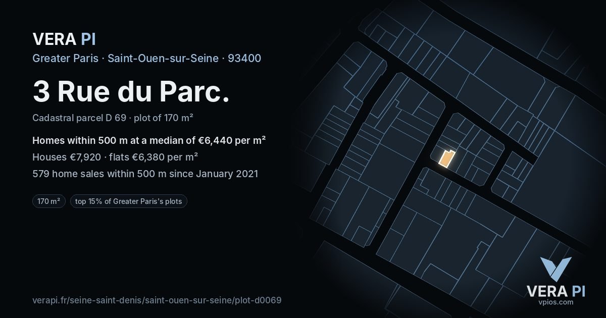 3 Rue du Parc, Saint-Ouen-sur-Seine at night – the plot lit, the parcels around coloured by the prices near them