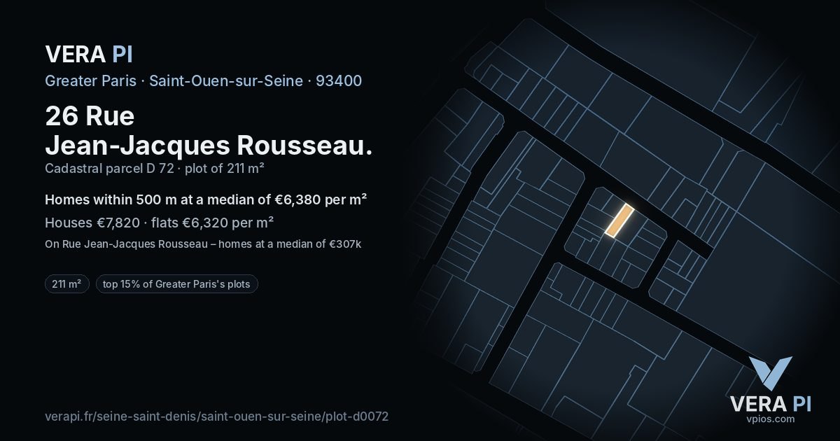 26 Rue Jean-Jacques Rousseau, Saint-Ouen-sur-Seine at night – the plot lit, the parcels around coloured by the prices near them