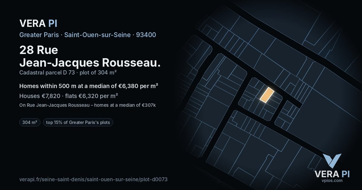 28 Rue Jean-Jacques Rousseau, Saint-Ouen-sur-Seine at night – the plot lit, the parcels around coloured by the prices near them