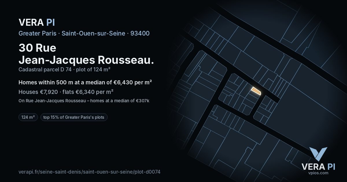 30 Rue Jean-Jacques Rousseau, Saint-Ouen-sur-Seine at night – the plot lit, the parcels around coloured by the prices near them