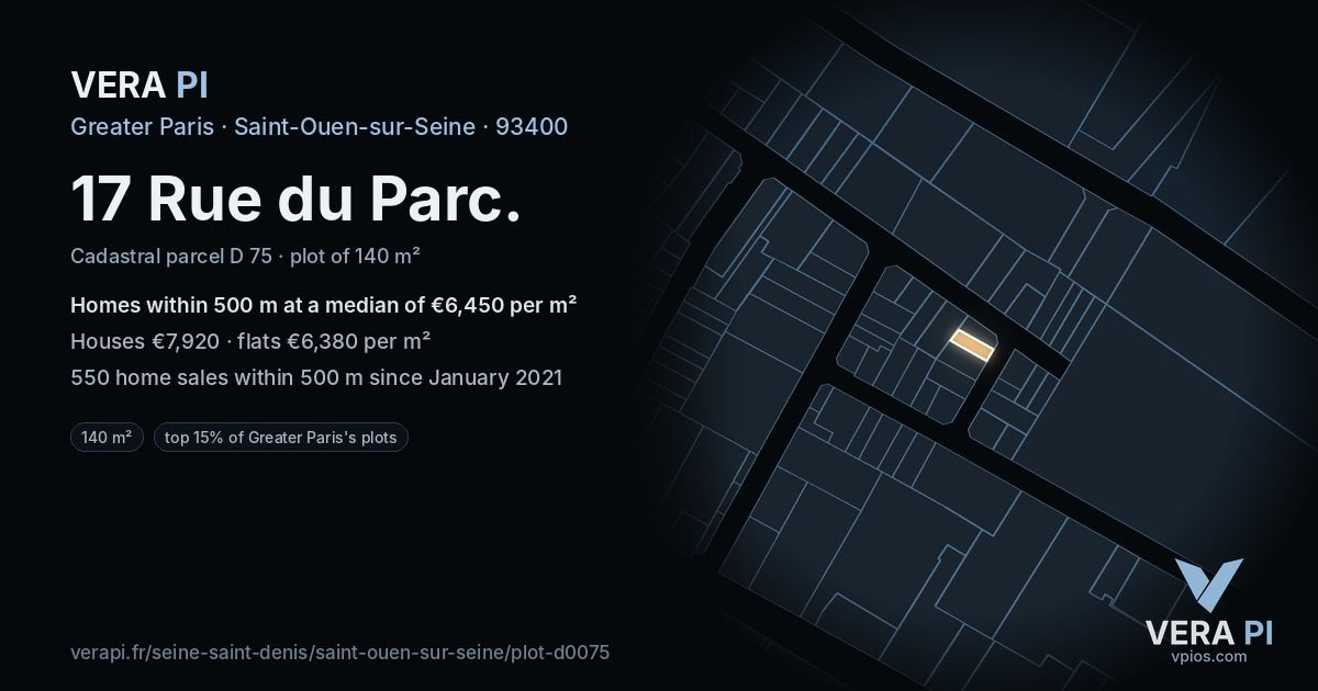 17 Rue du Parc, Saint-Ouen-sur-Seine at night – the plot lit, the parcels around coloured by the prices near them